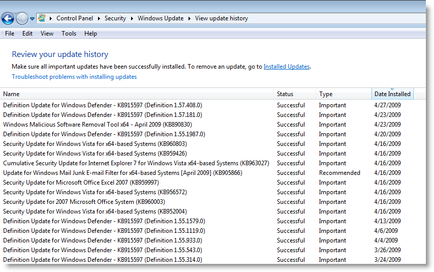 Vista Update History